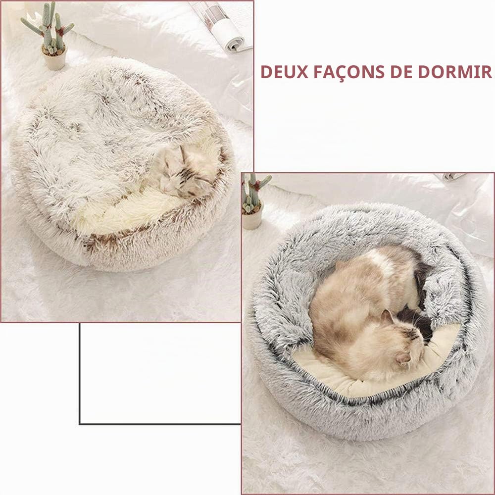 Lit Rond Moelleux pour Chat - en Peluche Douce - avec Capuche - pour l'hiver - Antidérapant - Lavable en Machin,Café,40 cm