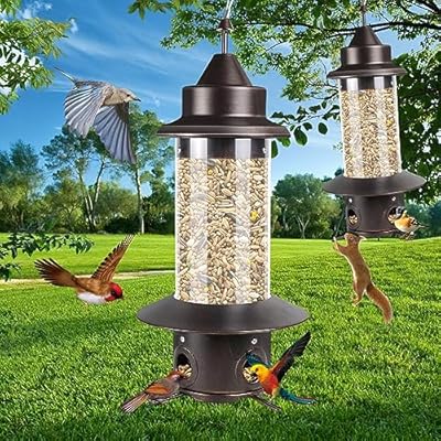 Squirrel Proof Bird Feeders - Gravity Protection Anti Squirrel Wild Metal Bird Feeders for Outdoors Hanging,Premium Hard Plastic Tube Bird Seed Feeder with 4 Feeding Ports for Blue Jay,Sparrow(Bronze)