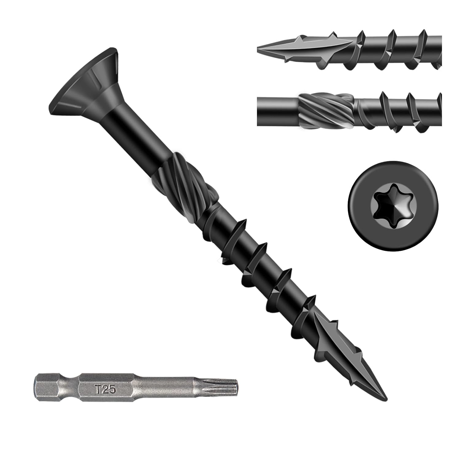 Deck Screws 1-1/2 Inch, Wood Screws #8×1-1/2, 300 Pcs, Black Rust Resistant Epoxy Coated, Outdoor Decking Screws, Torx/Star Drive Head Exterior Deck Screw, T25 Star Bit Included