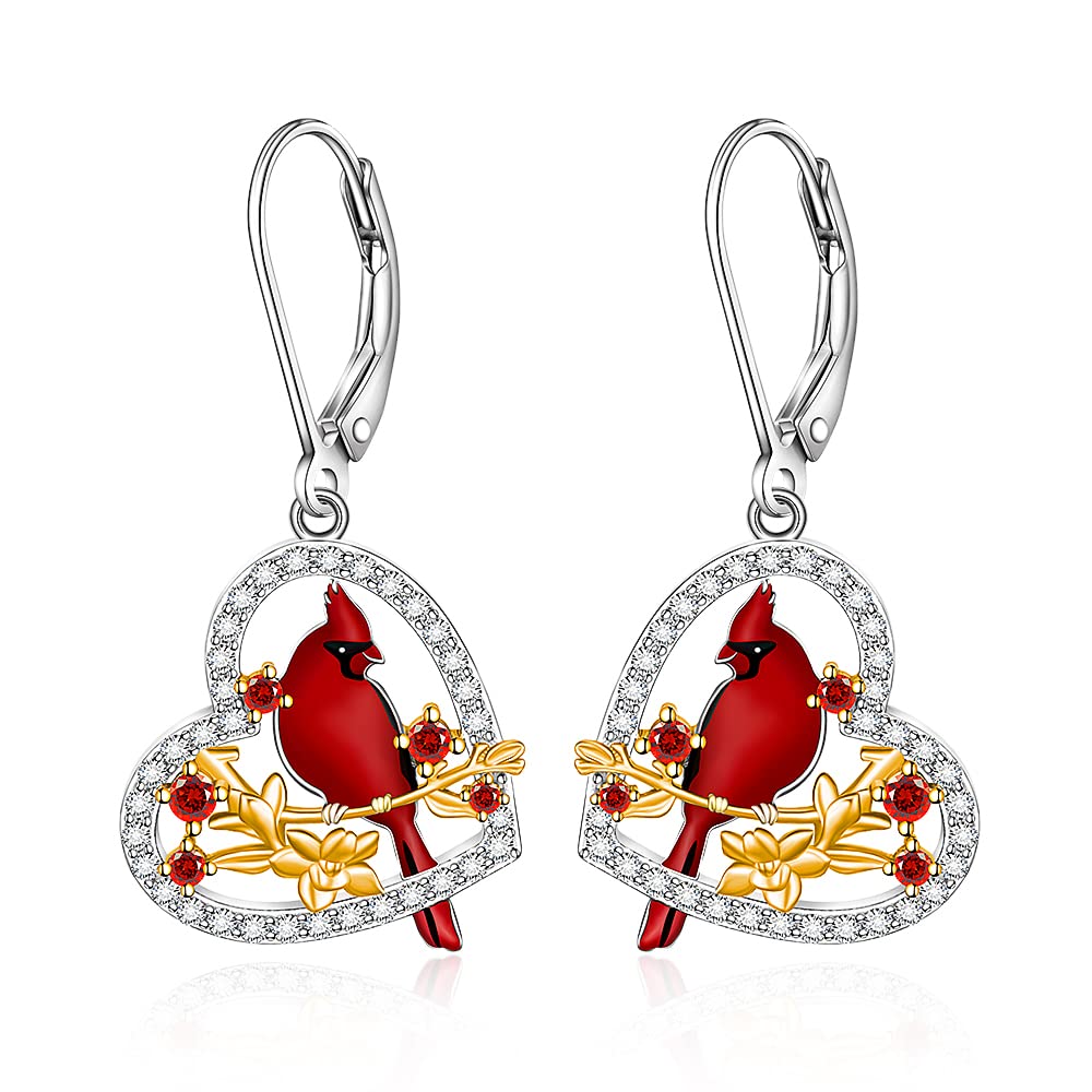 Red Cardinal Earrings for Women Dangle Sterling Silver 925 Cardinal Bird Earrings Cute Heart Cardinals Jewelry Remembrance Gifts