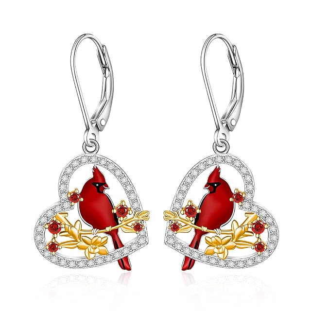 Red Cardinal Earrings for Women Dangle Sterling Silver 925 Cardinal Bird Earrings Cute Heart Cardinals Jewelry Remembrance Gifts