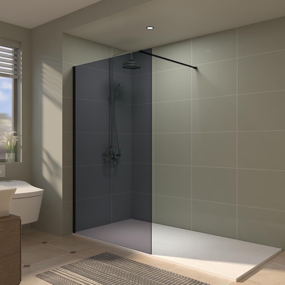 Aquariss 1100mm Black Framed Walk-in Shower Screen 8mm Safety Grey Tempered Glass Door Panel Reversible Easy Clean Wetroom Shower Enclosure