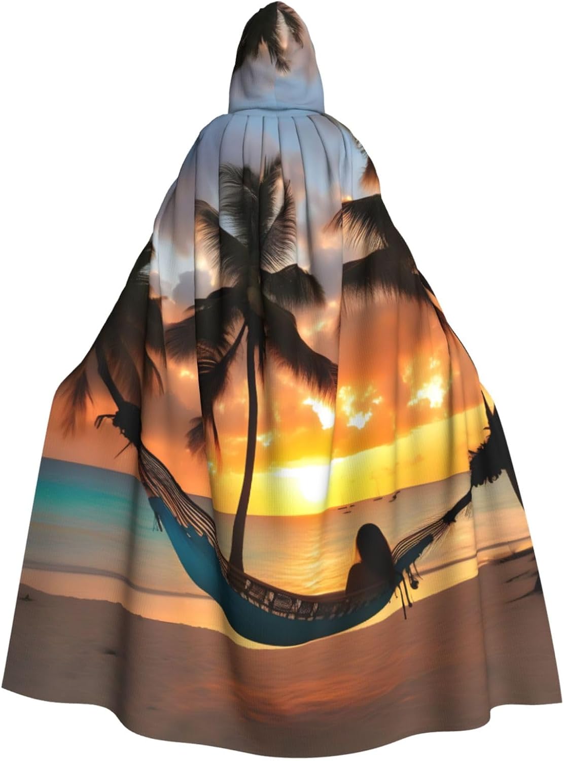 Coconut Beach Sunset Hammock print Hooded Robe Cloak for Adult Halloween Wizard Vampire Cosplay Costume Fancy Cool Cape