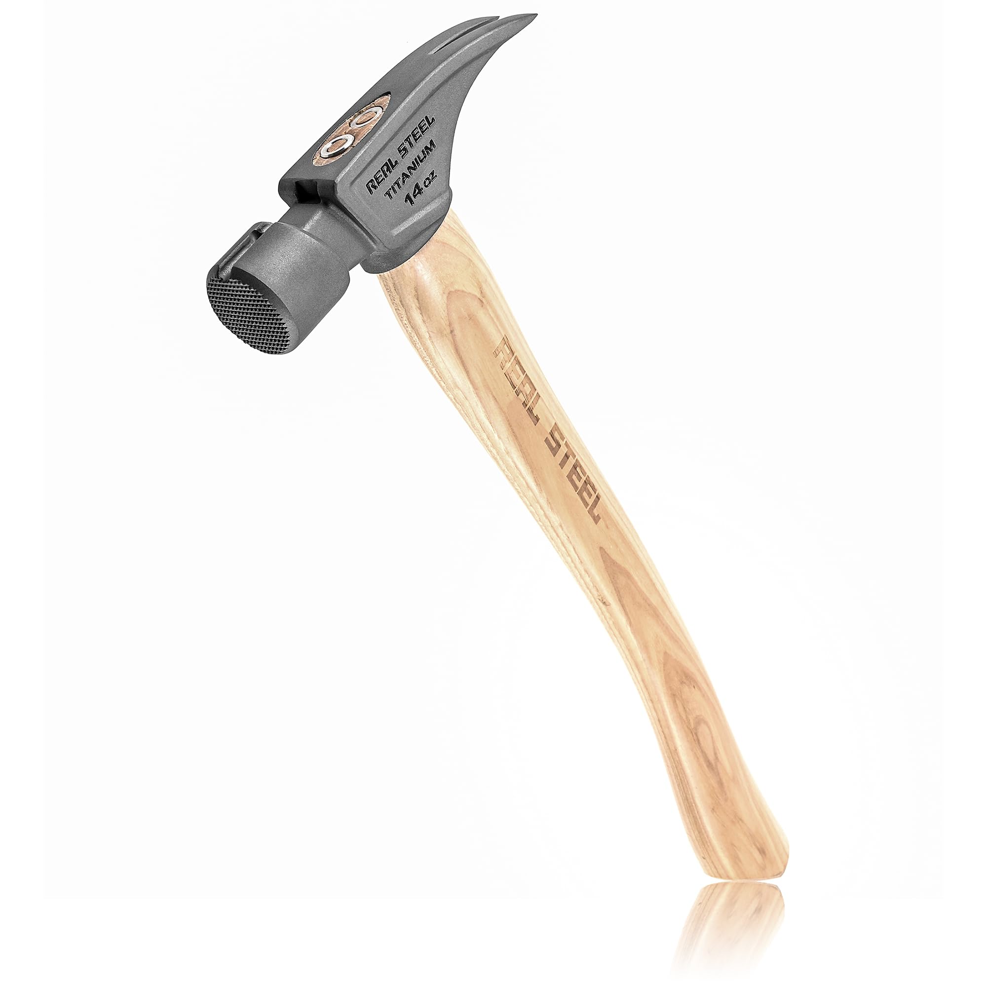 Real Steel 14 Oz Titanium Framing Hammer Straight Rip Claw with Milled Face, Magnetic Nail Holder Hickory Handle 0621