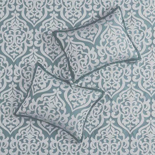 Image of Madison Park Modern Jacquard Damask Medallion Comforter Set, 8PC King | All Season Down Alternative Bedding with Comforter, Shams, Bed Skirt, Decorative Pillows, Aqua