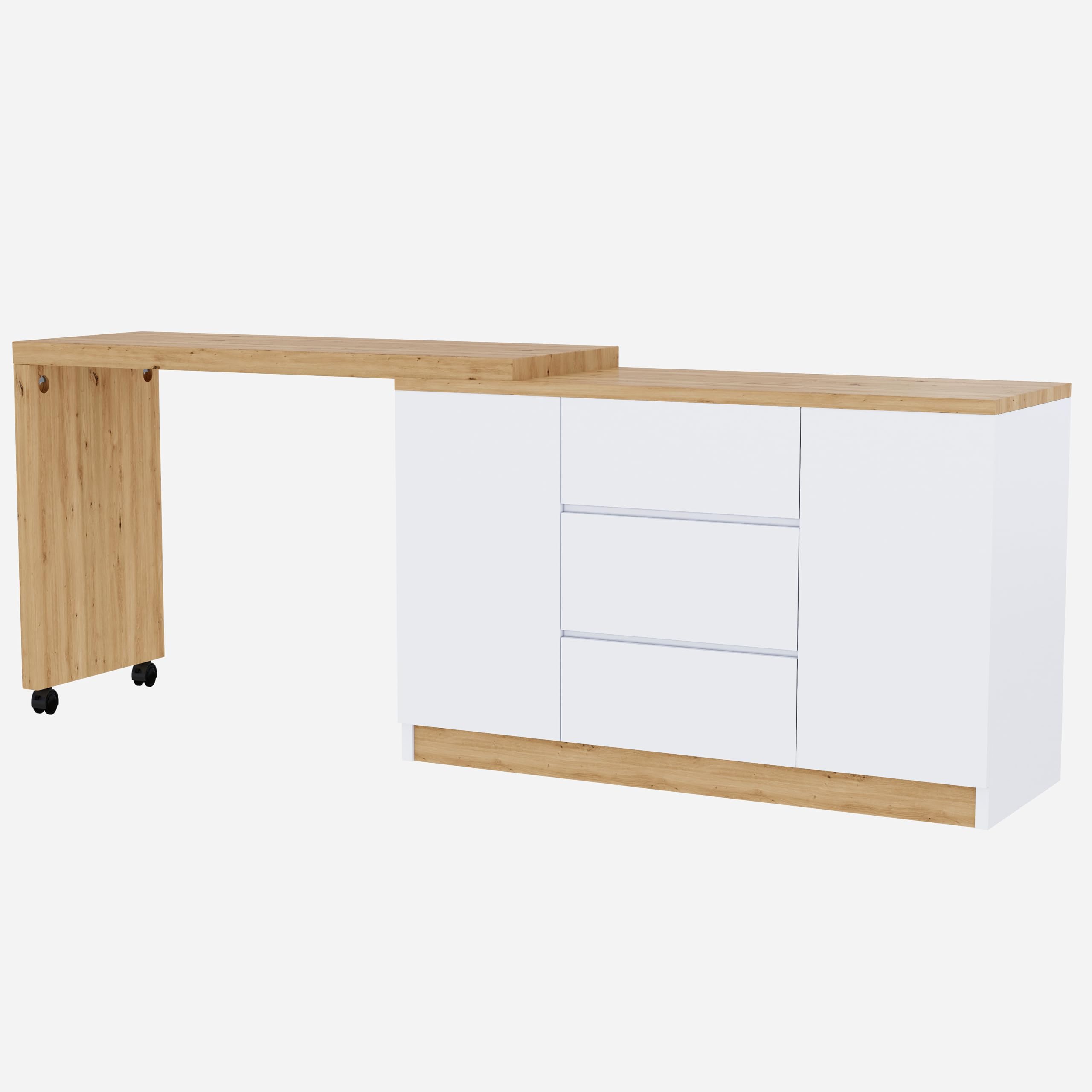 Lexiou Escritorio con ruedas con bloqueo, diseño multifuncional, 4 cm más grueso, mesa giratoria con bloqueo fijo, escritorio plegable, escritorio de esquina, aparador (roble + blanco)
