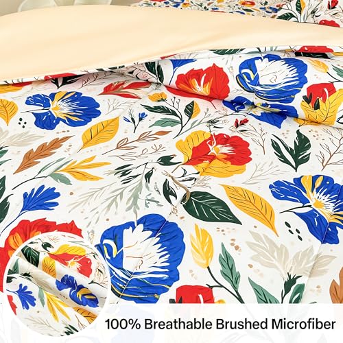 Image of lasoftan Floral Queen Comforter Set with Sheets, 7 piece Luxury Vintage Bedding, Soft Microfiber Bed in a Bag, Cozy Lightweight Bed Set, Blue Orange Flower