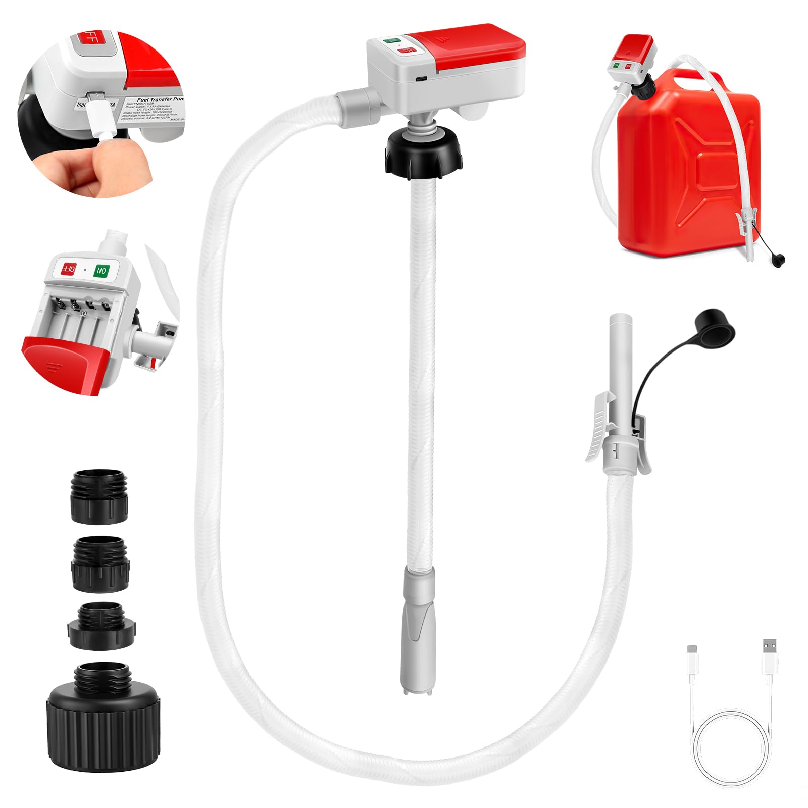 Pompa paliwowa, automatyczne wyłączanie, przenośna pompa przelewowa 12 V/USB-C do benzyny, oleju napędowego, nafty (12 l/min) z wężem 52 cali, 4 adapterami i funkcją bez użycia rąk – idealna do