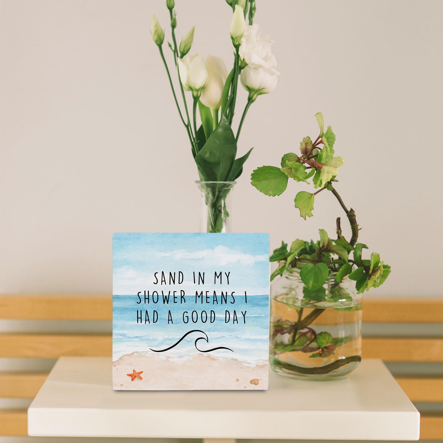 Beach Wooden Sign 5x5 Inches,Coastal Bathroom Signs,Beach Theme Bathroom Decor,Sand In My Shower Means I Had A Great Day Wood Box Sign,Coastal Decor For Home House Table Desk Shelf image 4