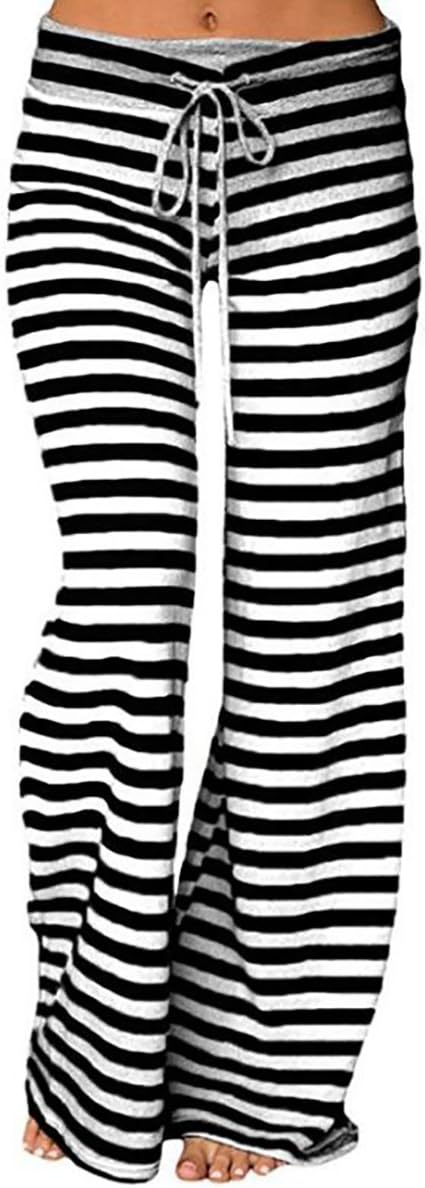 Women Stripe Palazzo Trousers Drawstring Cotton Casual Wide Leg Pants,Good for Party Holiday Yoga (Black, Large)