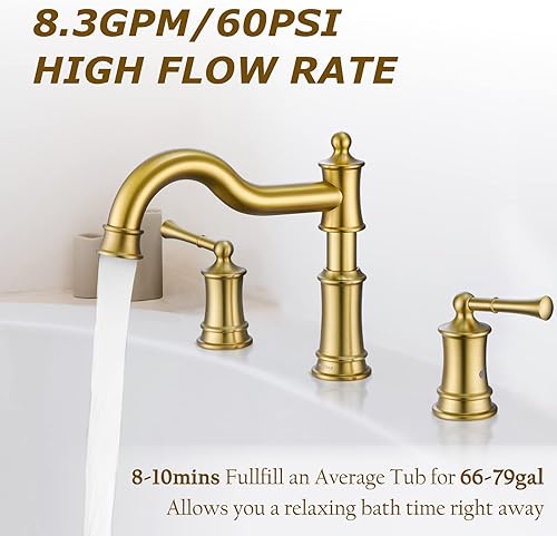 Miniatura 10 de Grifo romano para bañera de montaje en cubierta para baño, boquilla clásica elegante y generalizada con 3 agujeros, cartucho de válvula de 2 manijas