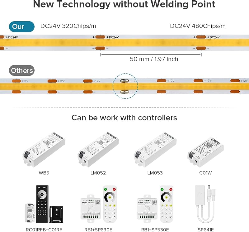 FCOB LED Szalag 5M Meleg Fehér 3000K 480LED/m Nagy Fényerejű Szabható Beltéri Dekorációs Világítás CRI90+ Fényerőszabályozható 24V