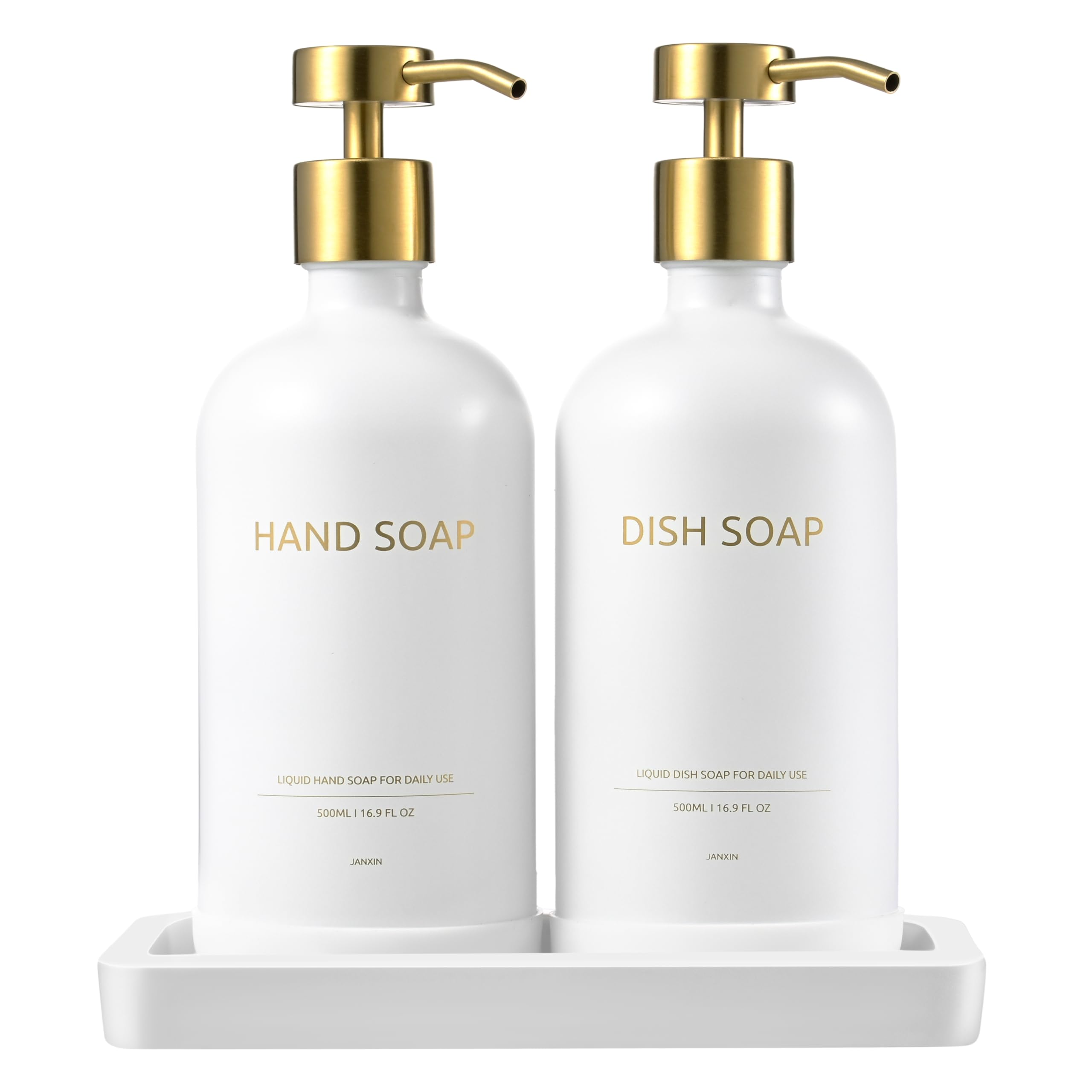 Janxin 2pcs 500ml Glass Bottles, Washing Liquid Dispenser, Shampoo and Conditioner Bottles, Soap Dispensers, Pump Bottle Dispenser with Tray for Bathroom and Kitchen (White bottle + golden head)