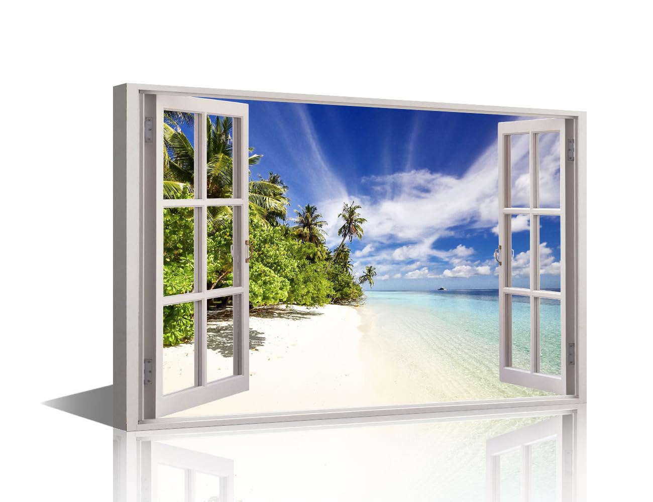 TISHIRON Wall Art For Bedroom Canvas Fake Window Beach Picture Blue Sky White Clouds Palm Tree Poster Print Natural Scenery Living Room Kitchen Bathroom Home Wall Decor (12" Wx18 H)