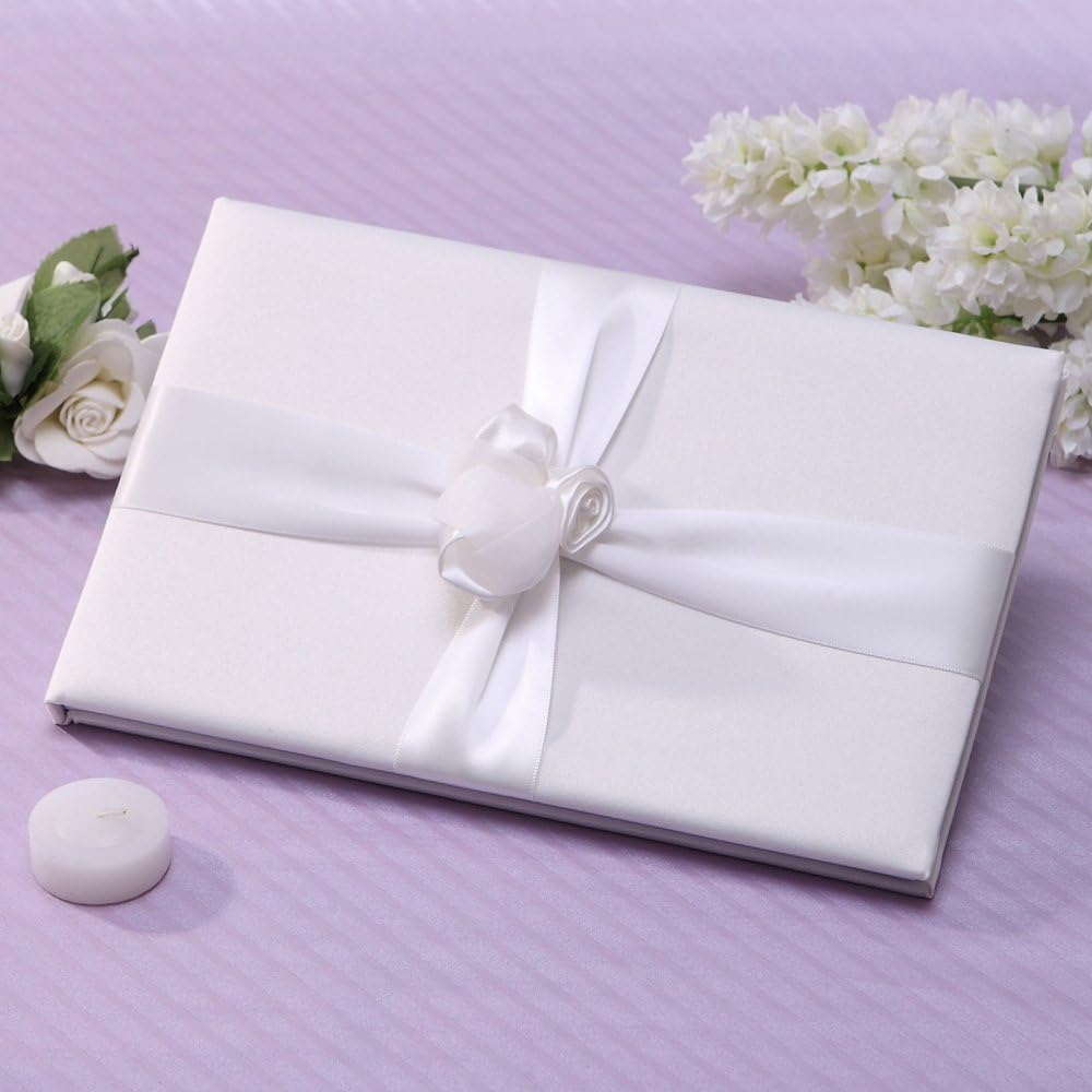 KateMelon Tied with Rose Wedding Guest Book and Pen Set in Ivory