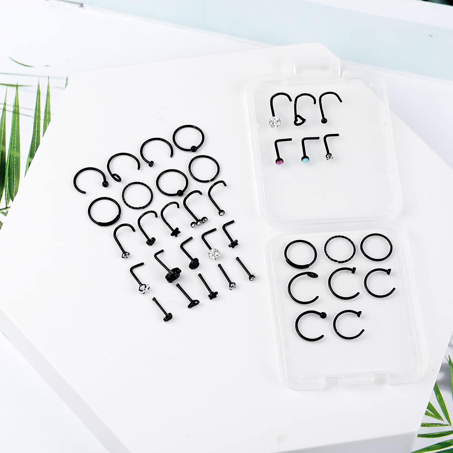 ONESING 36-42 PCS 20G Black Nose Rings and Studs for Women Men - Piercings Jewelry Hoops Screw