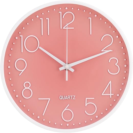 Wall Clock Non-Ticking Silent Modern Simple Style Round Decor Clock Stereoscopic Dial Quartz Wall Clocks for Home/Office/School/Living Room/Bedroom/Kitchen (Peach Pink, 12inch)