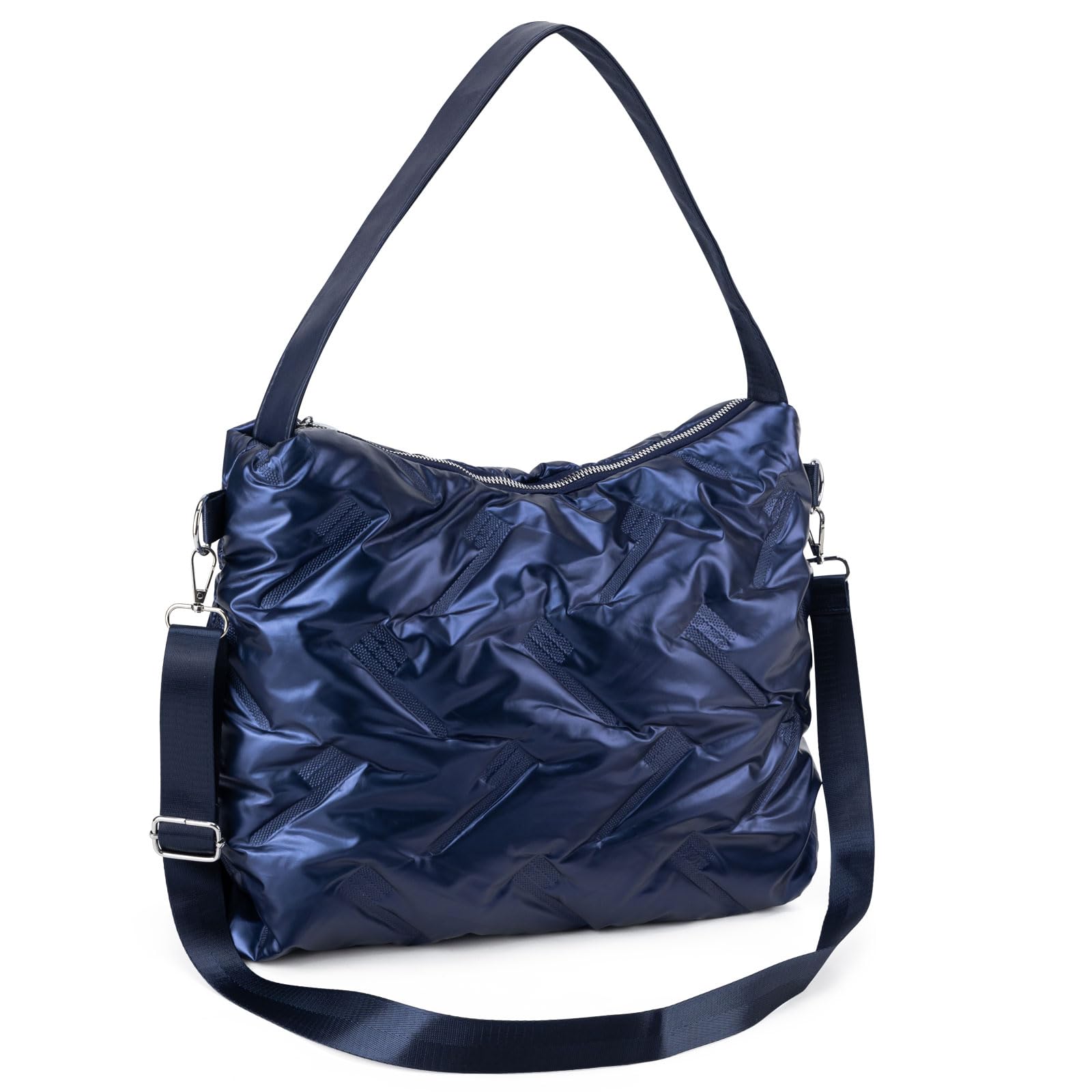 Quilted Tote Bag for Women Hobo Bags Crossbody Zipper Handbags Puffer Tote Bags Large Nylon Shoulder Bag for Daily Leisure(Blue)