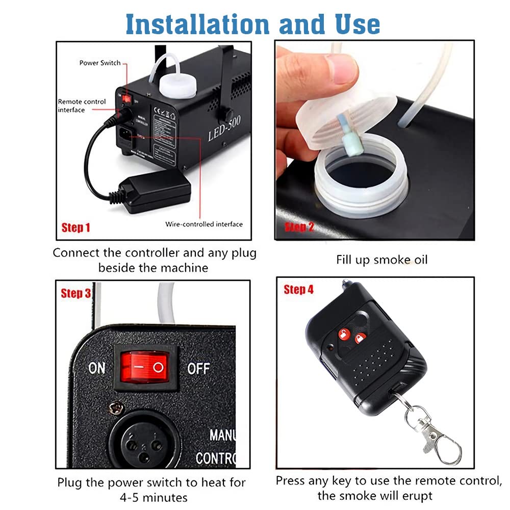 Mini máquina de humo de 500 W, con mando a distancia y efecto de luz RGB, portátil, para Halloween, Navidad, boda, DJ, discoteca, fiesta (color negro)