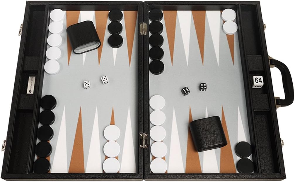 19-inch Premium Backgammon Set - Large Size - Black Board, White and Rum Points