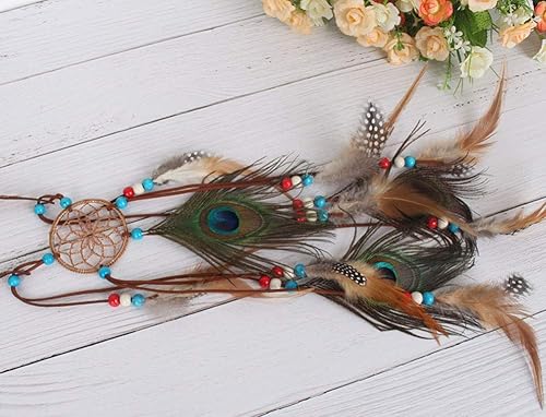 Miniatura 6 de Tribal - Diadema de plumas indias con atrapasueños tocado hippie hecho a mano accesorios para el pelo bohemio pavo real para niñas y mujeres