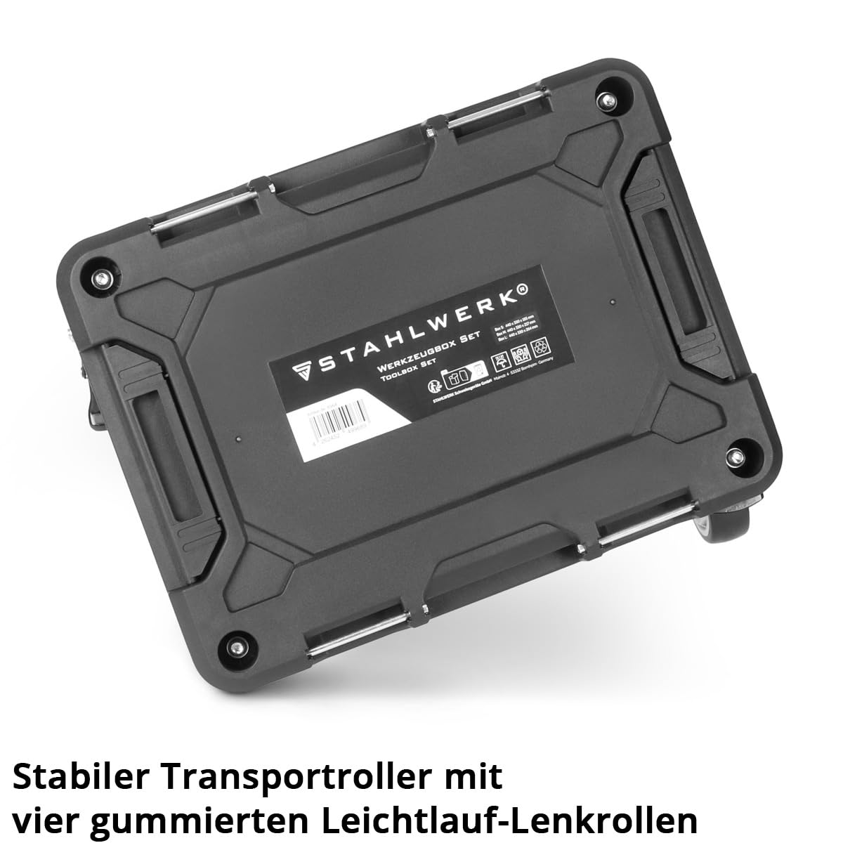 STAHLWERK Werkzeugtrolley mit drei Boxen – fahrbarer Werkzeugkoffer-Trolley mit Rollbrett, Metallverschlüssen und großem Stauraum, flexibles Aufbewahrungssystem für Werkstatt, Garage und Montage