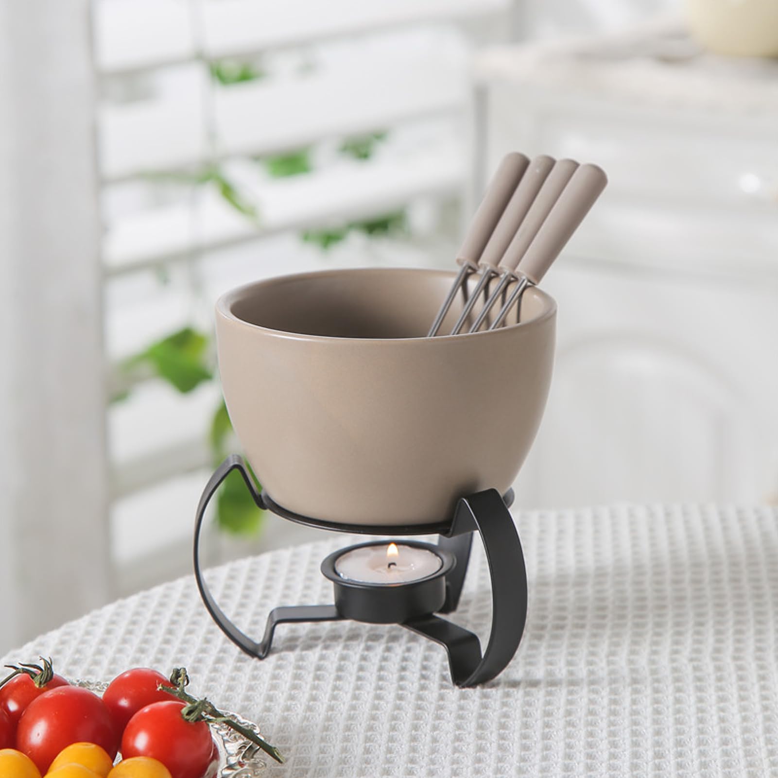 Generico Fondue Scaldaburro Ceramico con Forchette | Per Fonduta E Scioglimento Formaggio Per Dessert, Casa, Cucina, Festa, Campeggio, Picnic, Serata Romantica, Compleanno,