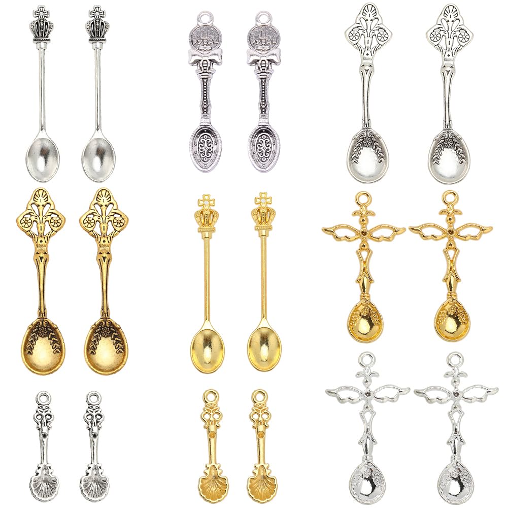 SUNNYCLUE 1 Box 36Pcs 9 Styles Little Spoon Charms Bulk Kitchen Tableware Charms Mini Gold Silver Long Spoons Charm for Jewelry Making Charms Diy Bracelet Earrings Crafting