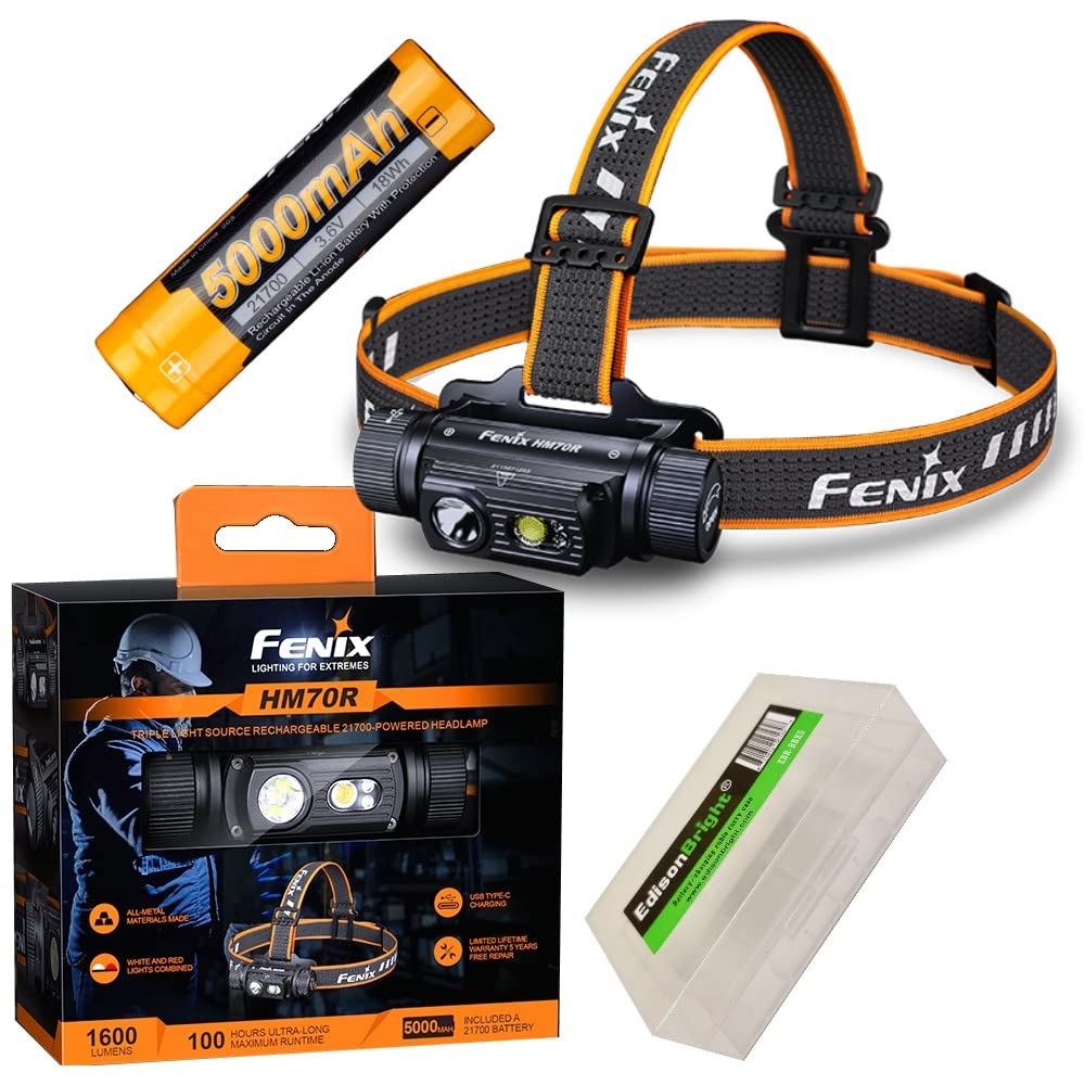 Fenix HM70R 1600 Lumen Rechargeable White/red LED Headlamp with EdisonBright Battery Carrying case B