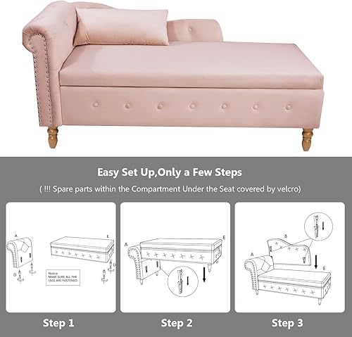 Miniatura 4 de Aoowow Banco de almacenamiento de terciopelo rosa para dormitorio, extremo de la cama, sofá con brazo enrollado, tumbona para interiores con