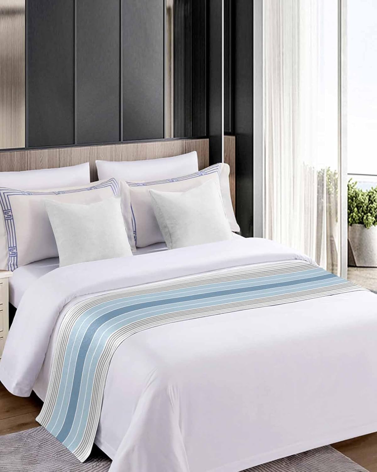 Abstract Blue Gradient Stripe Bed Runners for Bedroom Hotel,Decorative Bedding Scarf Grey Minimalist Line Art Bed End Blanket Bedding Runner Scarves for Queen Size Bed,94x20in