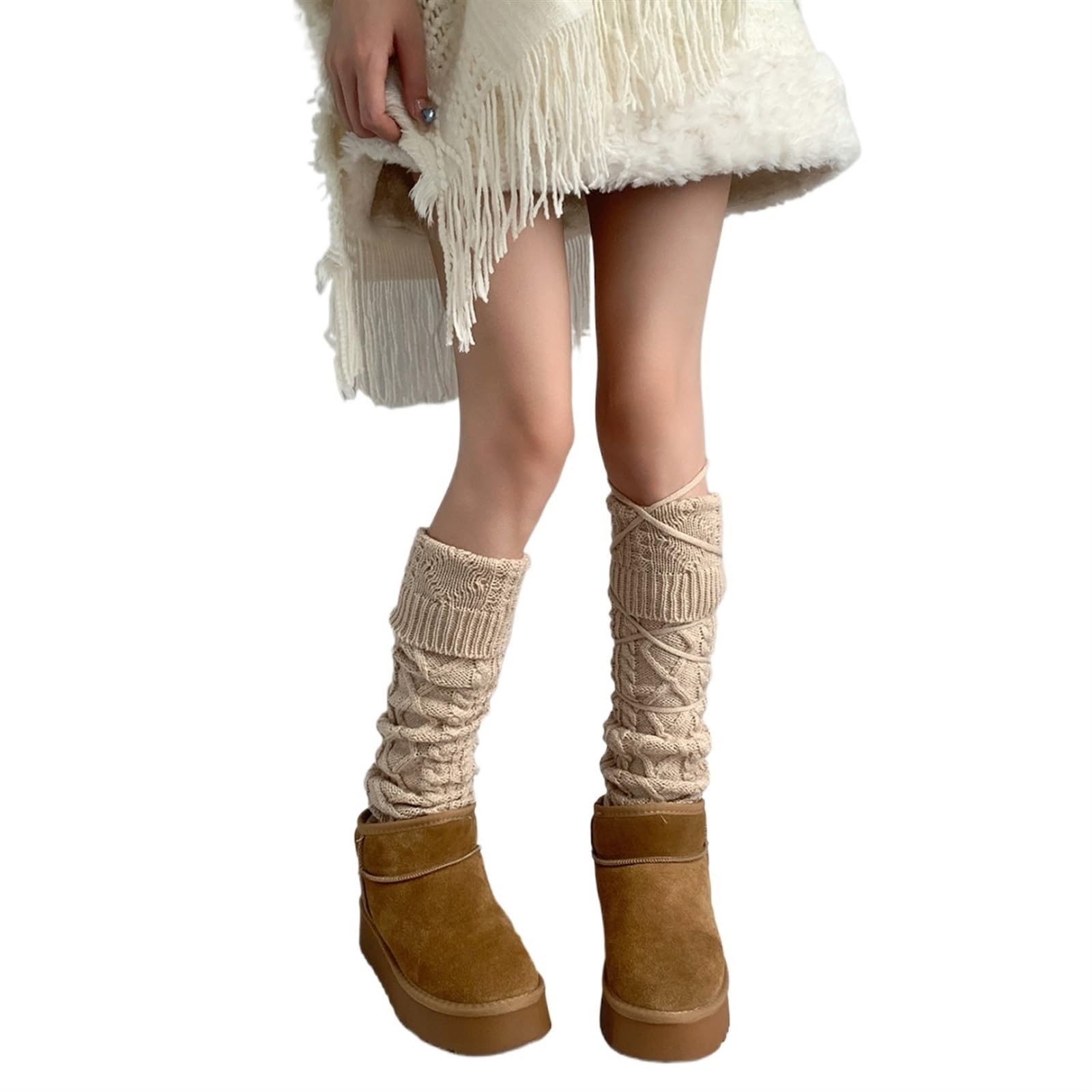 Calentadores Piernas Mujer Calcetines con Cordones Calentadores de piernas de Punto Calcetines de Pantorrilla Gruesos y cálidos de Invierno Cubrepiernas(Khaki)