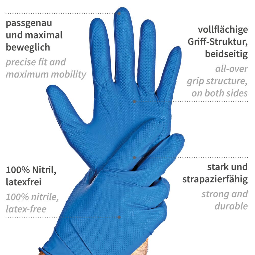 FRANZ MENSCH 500 Stück Hygostar Nitrilhandschuhe Power Grip | puderfrei, Karton, blau, 10/XL, L: 24cm, Einweghandschuhe, Mechaniker, Latexfrei, Fischschuppen-Struktur