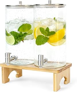 2 x 6L Getränkespender mit Ständer, Getränkespender aus Glas mit Zapfhahn aus massivem Edelstahl für geeiste Säfte, Wasser, hausgemachte Getränke, Partys, Hochzeiten