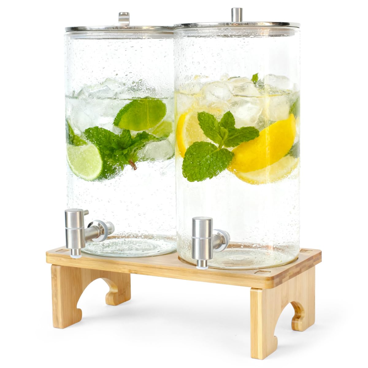 2 dispenser per bevande da 6 l con supporto, dispenser in vetro con rubinetto in acciaio inox massiccio per succhi ghiacciati, acqua, bevande fatte in casa, feste, matrimoni