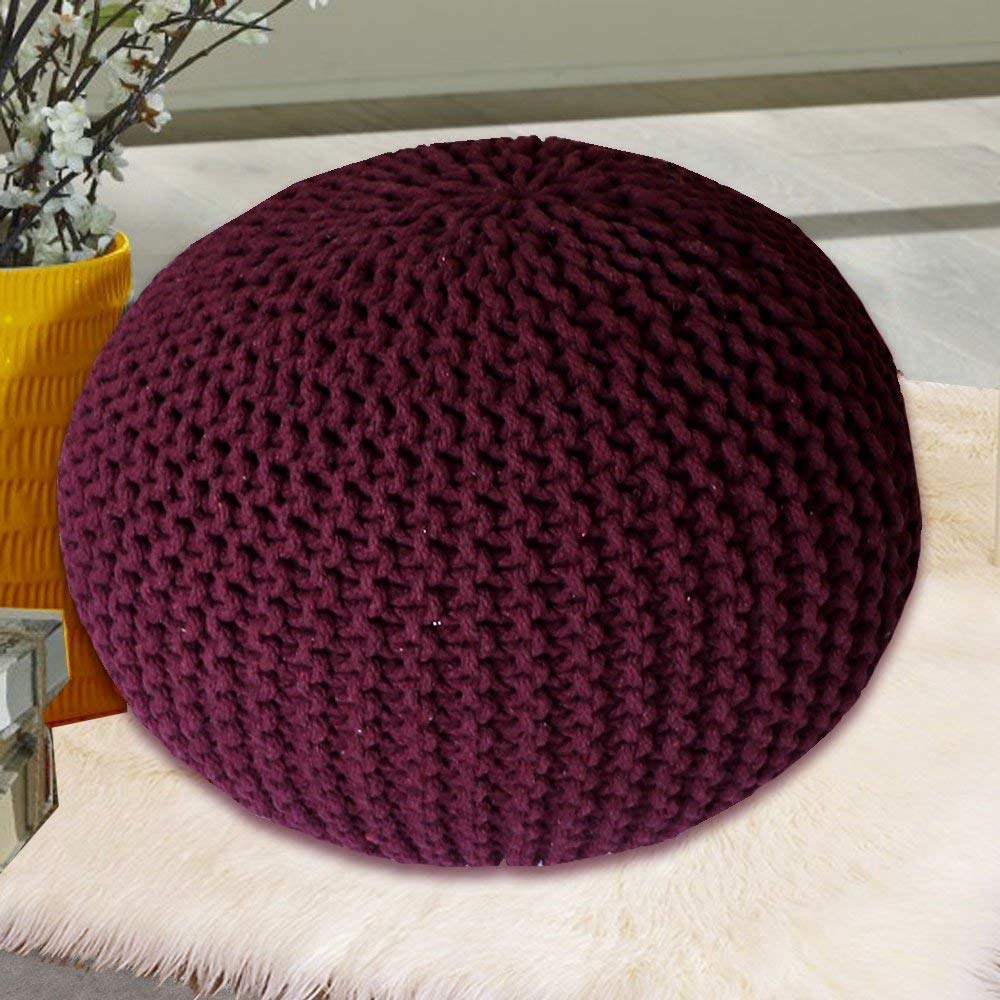 Amba Fabs Cable Style Dori Pouf|| Floor Ottoman Round Pouf Ottoman ||Chunky Hand-Knit Decorative and Comfortable Foot Rest (14x12 inches, Maroon)