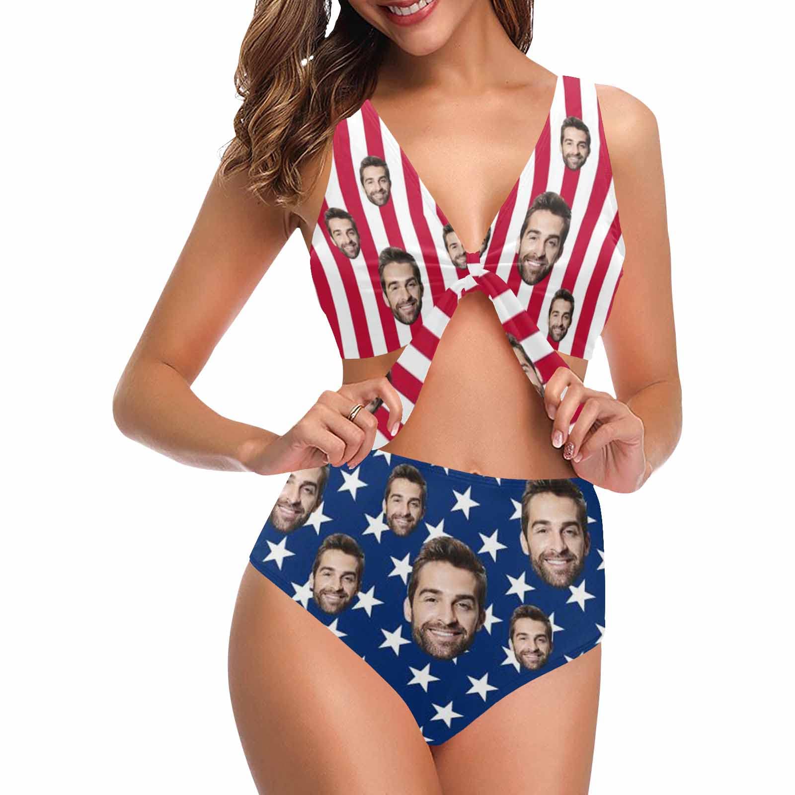 Custom Bikini Tank Top Swim Suit American Flag Swimwear Bathing Swimsuit 2XL