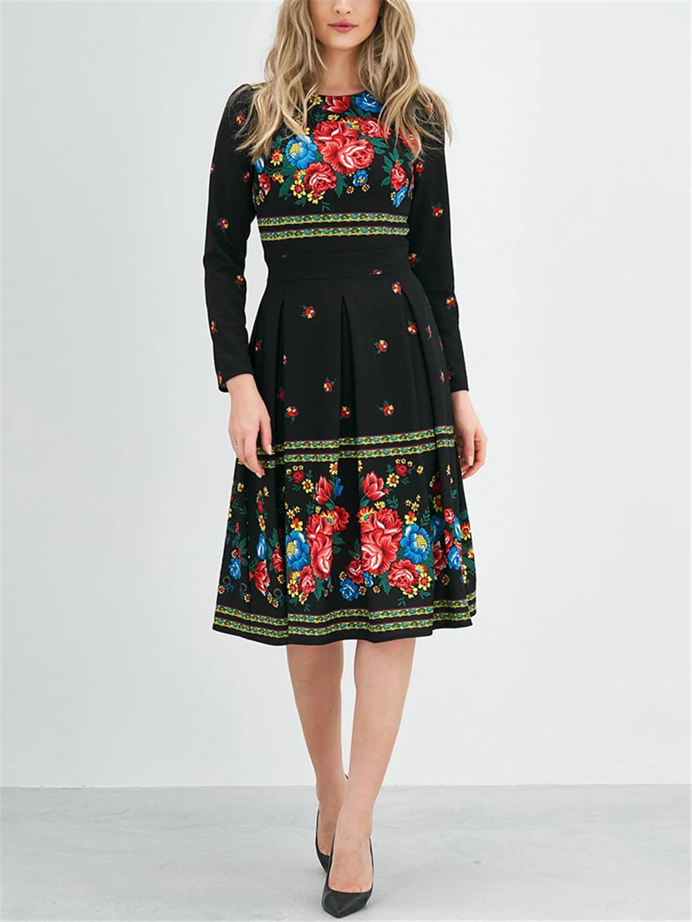 Youllyuu Vestidos de trabajo ajustados con cuello redondo y manga larga con estampado floral para mujer, vestidos casuales midi