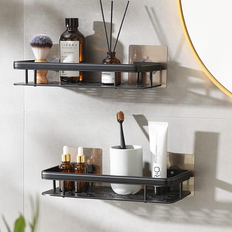 Image of Pack of 2 Multipurpose Self-Adhesive Aluminium Bathroom Wall Mounted Storage Organizer Shelf Holder /Rack /Bathroom Accessories (Black)