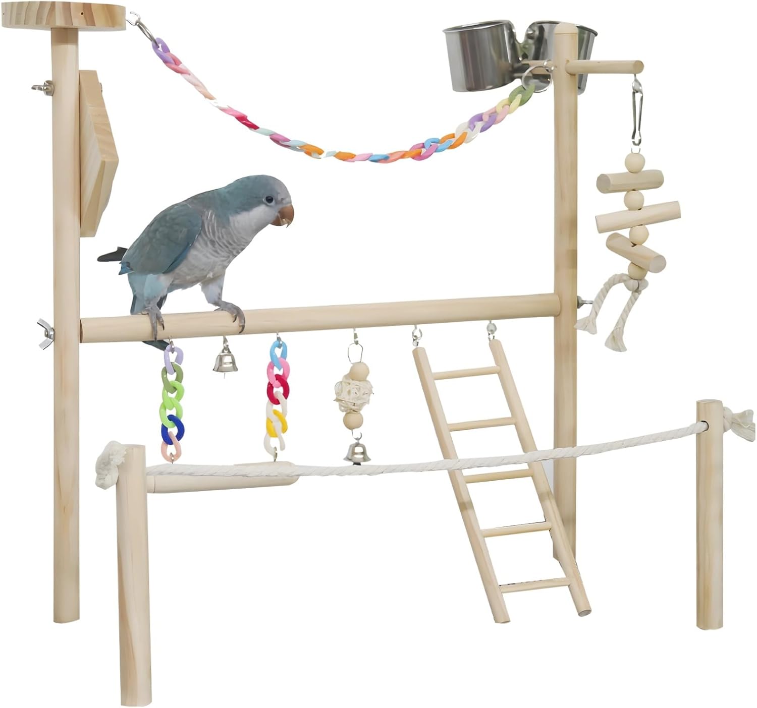 Parrot Play Stand, Wooden Bird Activity Center with Swing, Ladder, Bells, and Feeding Cups, Ideal for Cockatoos and Macaws