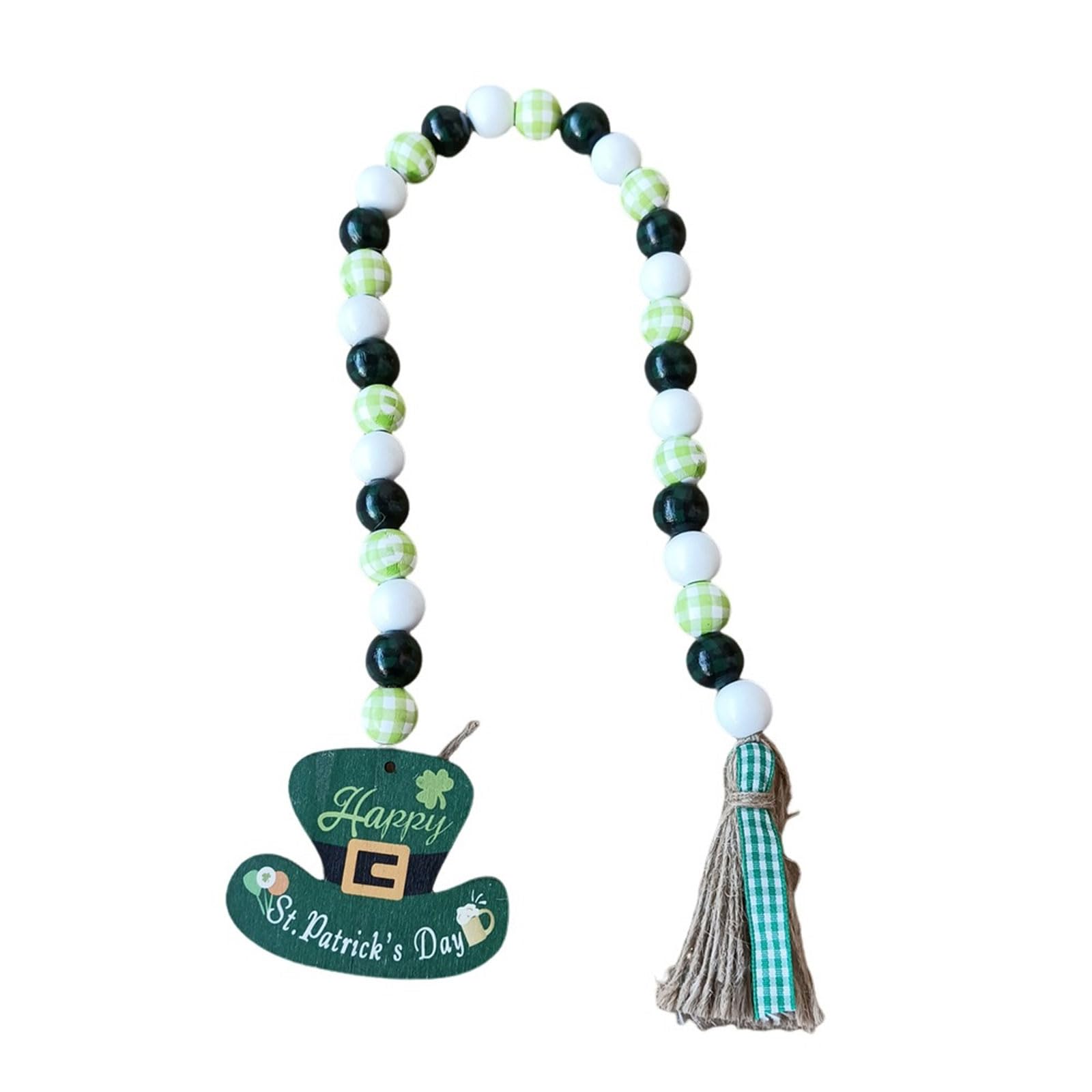 Kalttoy Wooden Beads StPatrick ' s Day Decoration Wood Bead String Hat Wall Hanger Green Decor Irish Bead Garlands Wooden String with Tassels