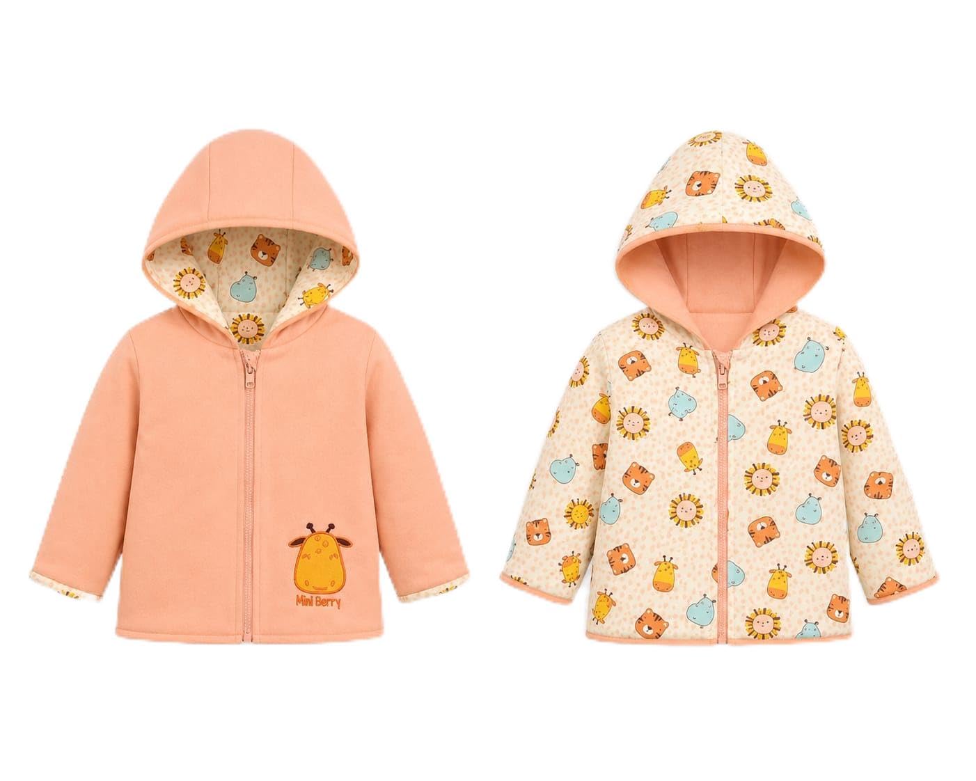 Reversible Baby Hooded Jacket Soft Cotton Breathable Winter Wear Solid & Printed Double-Sided Design Cute Embroidery-image-15