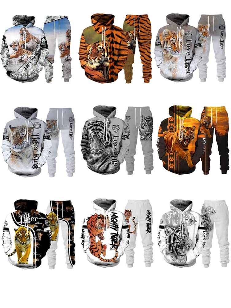 Herren Trainingsanzug 3D Gedruckter Jogginganzug Zweiteiliges Set Freizeitanzug mit Löwen Tigermuster Sportswear für Herren Hoodie Jogging Hose