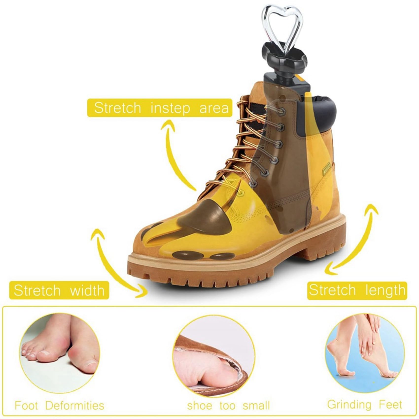 3X Ensanchador de Zapatos para Botas para Hombres, Expansor de Hormas para Mujeres, y Elástico, Botas Unisex Ajustables con Pies Anchos Amarillo
