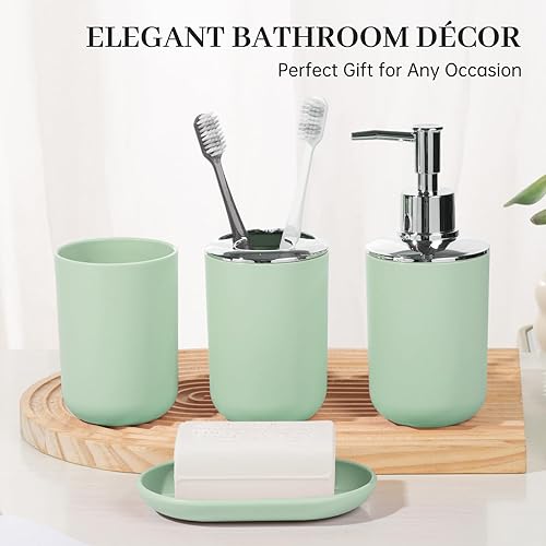 Miniatura 6 de Juego de 4 accesorios de baño de estilo sólido (verde), dispensador de jabón de plástico y soporte para cepillos de dientes, jabonera y taza de
