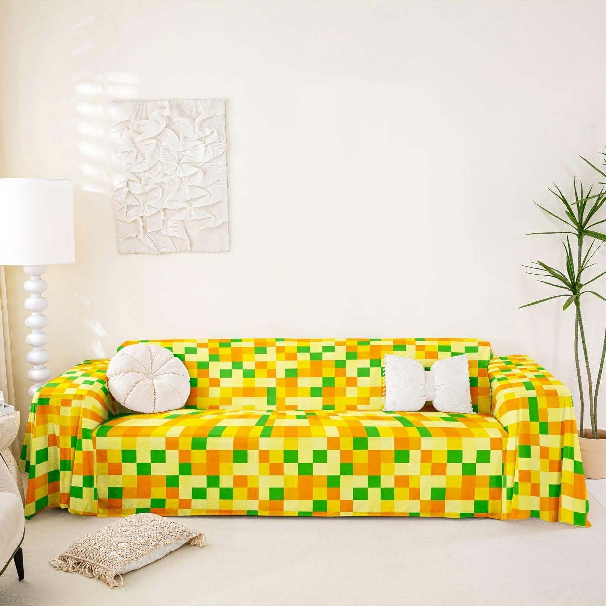 Manfei Pixel Games Sofa Slipcover,Yellow Green Pixelated Block Pattern Couch Cover,Colorful Building Blocks Sofa Towel for Living Room Decor,Pixelated Games Style Couch Protector,91" x 134"