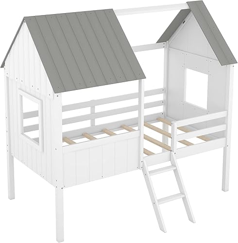 Miniatura 13 de Bellemave Cama individual para niños, marco de cama baja de madera con ventanas y techo, fácil montaje, para niñas y niños (blanco y marrón)