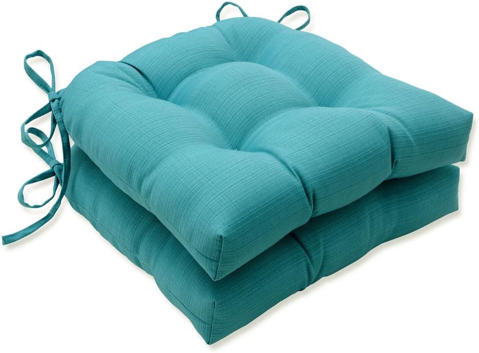 Pillow Perfect Forsyth Solid Indoor/Outdoor Reversible Patio Chairpad with Ties Weather and Fade Resistant, 15.5" x 16", Blue, 2 Count