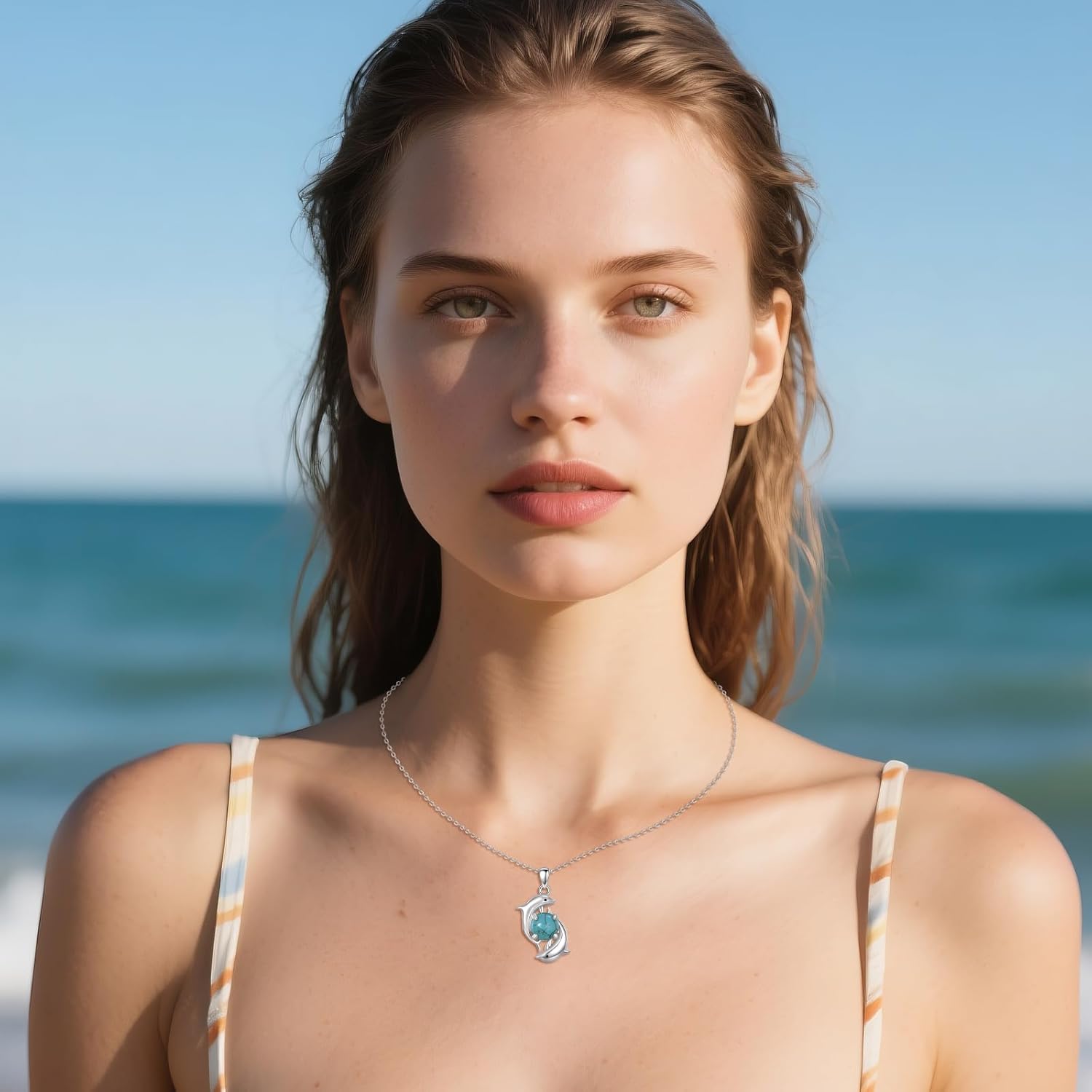 Dolphin Necklace 925 Sterling Silver Two Dolphins Pendant Genuine Natural Turquoise Jewelry Gifts for Women - Image 2