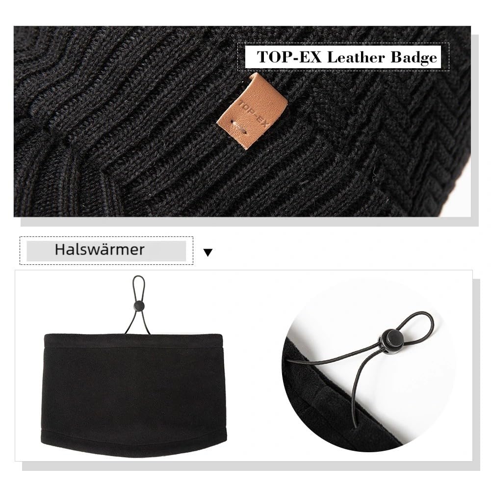 TOP-EX Gorro de invierno de lana merino DryKnit, para hombre y mujer, gorro cálido con paraguas, forro polar impermeable y calentador de cuello de forro polar cálido